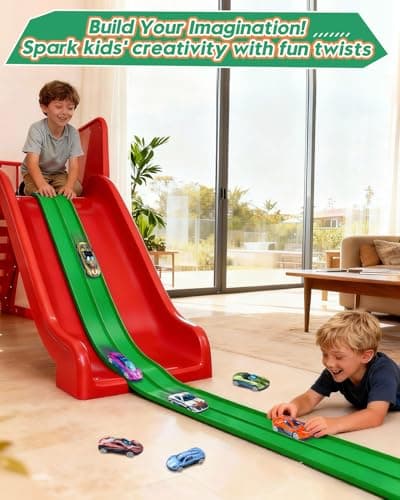 FITNOVO Flexible Race Track for Kids – 15 Ft Roll-Up Car Track with Suction Cups, Fits 1:64 Diecast Cars, Portable Bendable Track Toys for Boys Girls Ages 3+, Green - Thumbnail 2