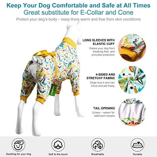 LovinPet Dog Pajamas XXL, Mint Outer Space Print, Wound Care and Post Surgery Onesie, UV Protection Fabric, Pet Anxiety Relief Shirt, Pet PJ's, Pitbull Clothes, Yellow XXL - Thumbnail 5