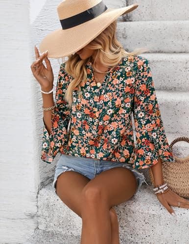 LOOKBOHO Boho Tops for Women 3/4 Sleeve Floral Blouses Ruffle Sleeve Button V-Neck Casual Business Shirts Orange XXL - Thumbnail 2