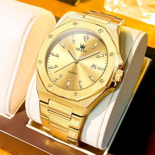 OLEVS Gold Watches for Men Luxury Business Quartz Men Wrist Watch Waterproof Stylish Classic Large Dial Watch for Men with Date Window Elegant for Evening Banquets Ideal Birthday Gift for Friend - Thumbnail 2