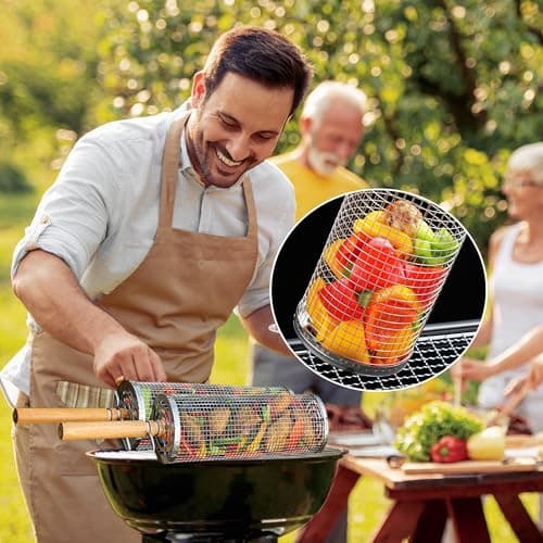 Rolling Grill Basket 2 Pcs,BBQ Baskets for Grilling,Removable Wooden Handle, Grilling Basket for Vageatbles Meat Food,304 Stainless Steel,Round Stainless Steel Grill Baskets for Outdoor Grill - Thumbnail 6