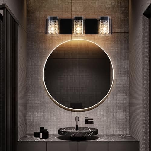 TYhogar Modern Crystal Bathroom Light Fixtures, 3-Light Black Vanity Lights with Clear Shades, Bathroom Lighting Fixtures Over Mirror Wall Light for Living Room, Decoration,Bedroom（Exclude Bulb） - Thumbnail 2