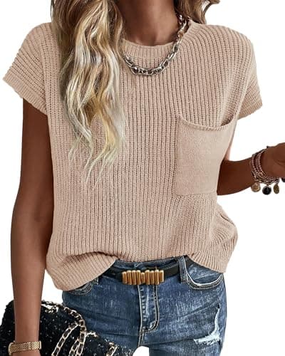 KIRUNDO Summer Fall Short Sleeve Sweater for Women 2026 Casual Sweater Vest Cotton Knit Pullover Tank Tops Fashion Clothing(Beige, Large) - Image 1