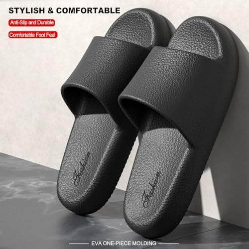 HUILONGJIA Cushioned Slides House Slippers for Men, Summer Pillow Sandals Non-Slip Pool Bath Shower Shoes Coud Soft for Indoor Outdoor, Black Mens Size 8-9 - Thumbnail 3