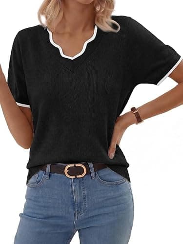 GKBK Women Short Sleeve V Neck Sweater Lightweight Pullover Top Fashion Clothing for Business Casual Work Outfits Spring Summer 2026 Black Large