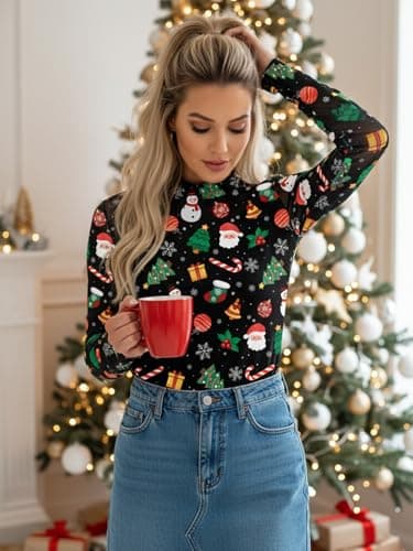Mesh Long Sleeve Shirts for Women See Through Graphic Tees Sexy Costumes Y2k Mock Christmas Party Outfits Western Rodeo Tops - Thumbnail 5