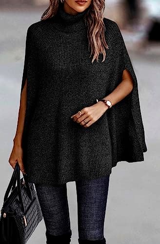 KIRUNDO Women's 2026 Fall Winter Turtleneck Poncho Sweater Fashion Chunky Knit Cape Wrap Sweaters Pullover Jumper Tops(Black, Small) - Thumbnail 2