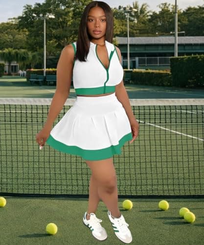 ABKY Tennis Outfits Golf Skirt Sets Women 2 Piece Outfit Zipper V Neck Crop Top and Pleated Mini Skirt Set Summer Tracksuits White S - Thumbnail 2