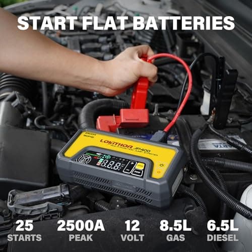 LOKITHOR JP400 Jump Starter with Air Compressor, 2500A 12V Portable Car Battery Booster Pack (8.5L Gas/6.5L Diesel) with ConnectMax Tech, 150PSI Tire Inflator, Auto-Shutoff & Dynamic Dwell (Yellow) - Thumbnail 2