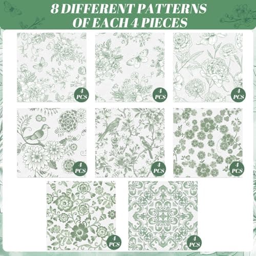 16 Pcs 8 Styles Decoupage Napkins, Sage Green Floral Paper Napkins Chinoiserie Decorative Cocktail Napkin Pretty Printed Cocktail Paper for DIY Crafting Furniture Decor Birthday Party Baby Shower - Thumbnail 6