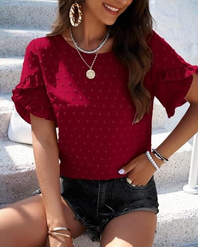 PRETTYGARDEN Women's Tops 2026 Summer Ruffle Short Sleeve Crewneck Blouses Swiss Dots Solid Loose Tunics Work Shirts(Wine Red,X-Large) - Thumbnail 6