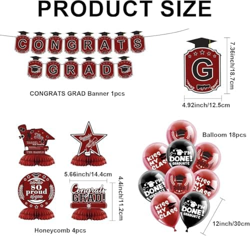 2026 Graduation Decorations Set- Class of 2026 Grad Party Decorations, Congrats Grad Banner, Backdrop, Grad Hanging Swirl, Balloons and Honeycomb Table Toppers, Graduation Party Supplies(Maroon) - Thumbnail 4