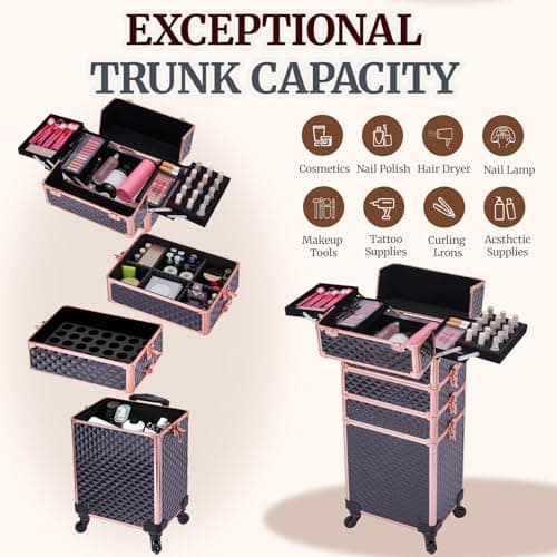 TOPACK Professional 4-In-1 Rolling Makeup Train Case, Large Makeup Travel Case with Key Shoulder Strap/Handle Cushion I Makeup Train Case I Makeup Nail Cart I Cosmetology Case on Wheels(Black Glod) - Thumbnail 3