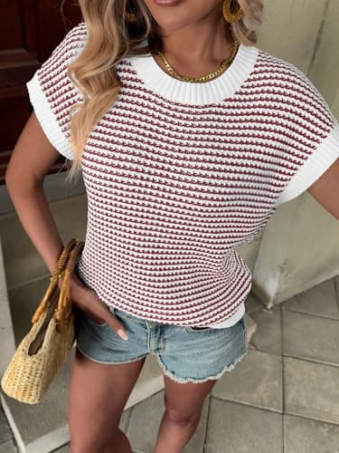 ATHMILE Sleeveless Sweater Tops for Womens Short Sleeve Anthropologie Outfits Striped Round Neck Pullover Knit Cute Vest Red - Thumbnail 4