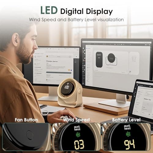 Minthouz Quiet Desktop & Wall-Mountable Fan, 4 Speeds with 90° Oscillation, USB-C Fast Charging, 3000mAh Rechargeable Battery, Digital Speed Display, Portable Cooling Fan - Thumbnail 5