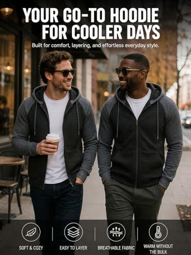 Men's Lightweight Waffle Knit Hoodie Zip Up Long Sleeve Hood Casual Warm Sweatshirt Drawstring Jacket with Pocket - Thumbnail 6