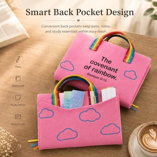 Bible Cover for Women, Zipper-Free Canvas Bible Case with Handle, Lay-Flat Design, Protective Lining, Exterior Pockets & Ribbon Bookmarks, Christian Gift for Women (2 Sizes) (Pink-Rainbow, Large) - Thumbnail 3