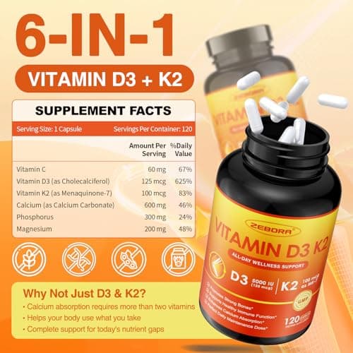 ZEBORA Vitamin D3 K2 5000 IU, 6-in-1 D3K2 Supplements for Bone & Immune Support, with Magnesium, Calcium, Phosphorus & Vitamin C, Maximum Strength for Men & Women, 120 Capsules - Thumbnail 2