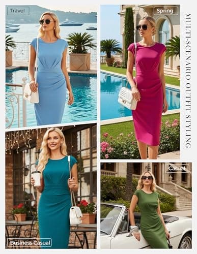 GRACE KARIN Womens Work Dress Crew Neck Cap Sleeve Dress Business Casual Ruched Midi Dresses Blue Green - Thumbnail 2