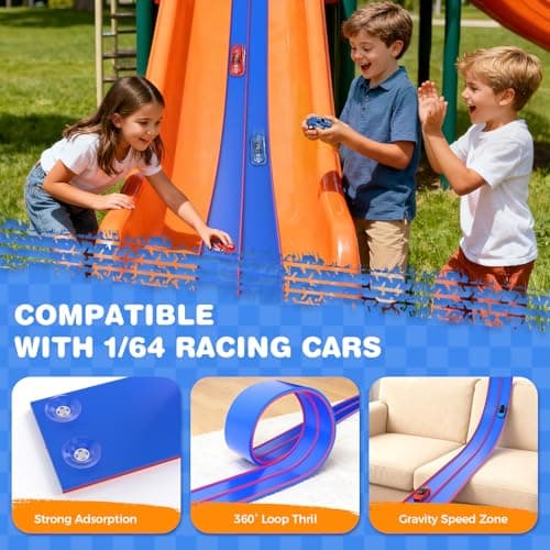 DKOXT 15 Ft Flexible Race Track for Kids, DIY Car Track Set with 2 Toy Cars & 3 Suction Cup Ramps, Easter Basket Stuffers for Teens & Boys Girls, Creative Easter Gifts for Kids, Blue - Thumbnail 3