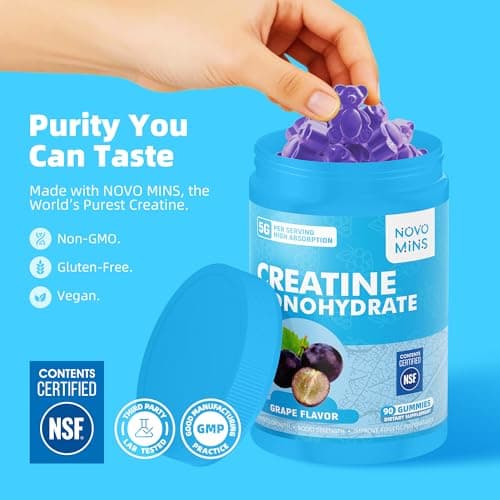 novomins Creatine Monohydrate Gummies 5000mg for Men & Women, Chewables Creatine Monohydrate for Muscle Strength, Muscle Builder, Energy Boost, Pre-Workout Supplement(90 Count)-Grape Flavor. - Thumbnail 4