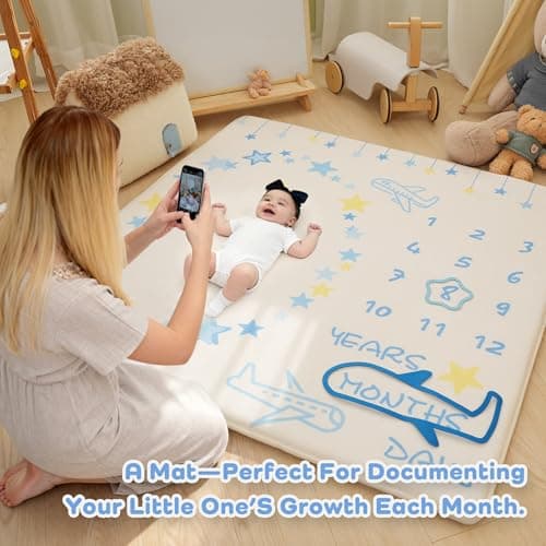 1.3" Thick Playmat for Floor, 50 x50 Monthly Milestone Mat, Padded Support Soft Plush Nursery Mat for Crawling Kick Activity, Flannel Photography Background Prop for Boys Grils - Thumbnail 5