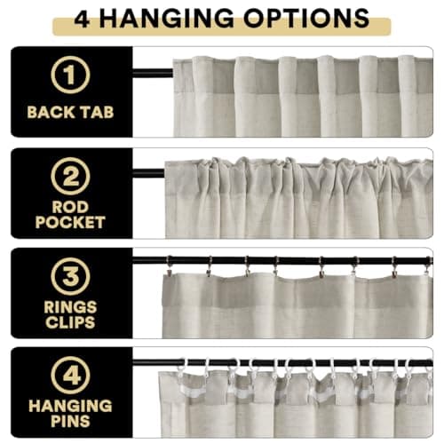 PrinceDeco Light Filtering Curtains 96 Inches Long 2 Panels Long Semi Sheer Linen Blended Window Curtains Back Tab Pocket Boho Rustic Farmhouse Drapes for Living Room Bedroom 52X96, Pale Oak Colored - Thumbnail 3