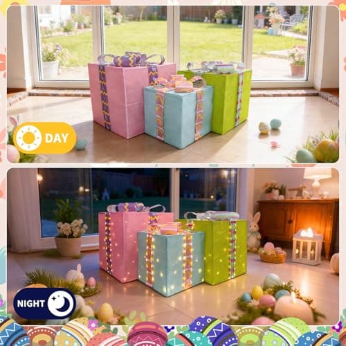 Large Lighted Easter Gift Boxes Decorations, 27" Pink 23" Green 19" Blue 516 Warm White LED Easter Present Boxes with Cute Bows, 3PCS Light Up Box Decor for Spring Party Indoor Outdoor Home Holiday - Thumbnail 3