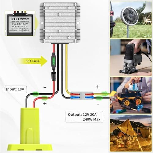 Kzreect 18V to 12V Step-Down Converter Compatible with Ryobi 18V Battery, 240W 12V/20A DC Buck Converter for Power Wheel Battery Adapter with 30A Fuse - Thumbnail 5