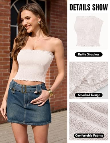 Aprolive Tube Tops for Women Strapless Crop Tops Basic Tank Top Ruffle Smocked Backless Sleeveless Bandeau Top Spring Outfits 2026(1-Apricot,Large) - Thumbnail 6