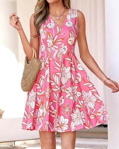 BTFBM Womens Summer Dresses 2026 Spring Casual Sleeveless Floral Knit Flowy A-Line Mini Dress Pockets Beach Sundress(Floral Pink Beige, Large) - Thumbnail 6