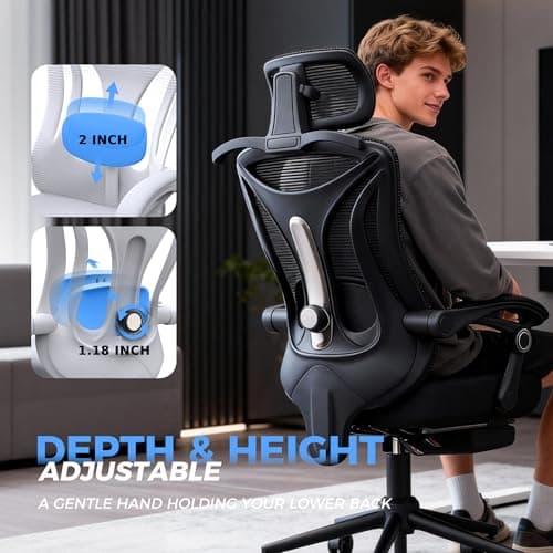 Ergonomic Office Chair with Footrest - Adjustable Lumbar Support & Headrest, 90-160° Reclining Mesh Back Computer Chair - Home Office/Gaming, 350lbs Capacity - Thumbnail 3