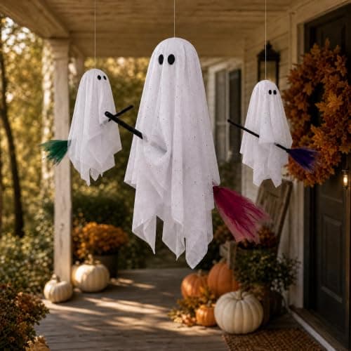 Halloween Decorations Outdoor, 3 Pack Hanging Ghosts on Brooms with Built-in Warm Lights, Flying Ghost Family Decor, Floating Gauze Ghost for Tree, Porch, Yard, Patio, Indoor Halloween Decorations - Thumbnail 5