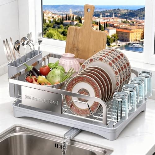 Godboat Dish Drying Rack - 304 Stainless Steel Dish Racks for Kitchen Counter, Dish Drainer with Knife, Fork & Cup Rack, Auto-Drain to Sink, Gift for Wife Mothers Her, Home & Family Gadgets, Silver - Image 1