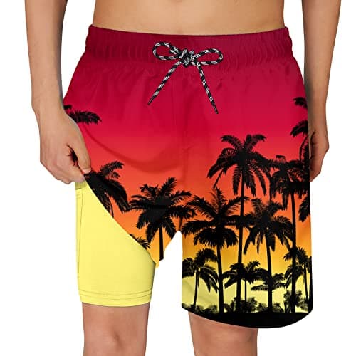 Cozople Boys Palm Tree Swim Trunks Quick Dry UPF Boxer Brief Liner Swimwear Bathing Suits Summer Surfing Beach Boardshorts Swimsuit with Inner Compression Shorts Lining - Image 1