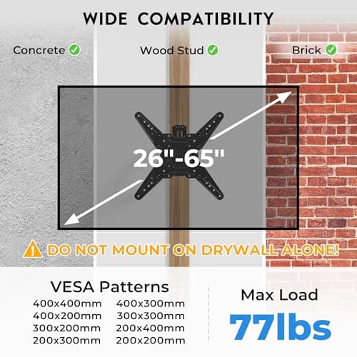 BONTEC TV Wall Mount for 26–65 Inch Flat and Curved Screens with 37.4 Inch Long Extension, Full Motion Swivel Design, Heavy Duty Bracket for Corner or Monitor Setup, Max VESA 400x400, Holds 77 lbs - Thumbnail 2