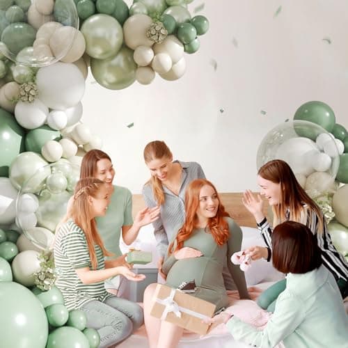 Sage Green Balloon Arch Kit 108Pcs Double Stuffed Pearl Green Sage Green Sand White Clear Balloons for Bridal Shower Baby Shower Birthday Wedding Engagement Party Decorations - Thumbnail 4