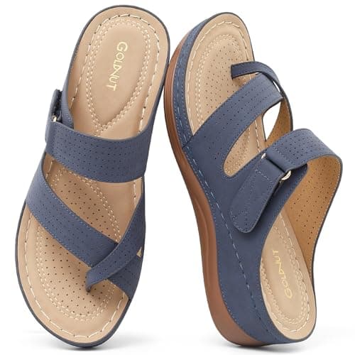 Goldnut Thong Sandals for Women Wedge Shoes: Comfortable Dressy Sandals Arch Support Summer Flip Flops Wedges Navy Blue Size 8 - Image 1