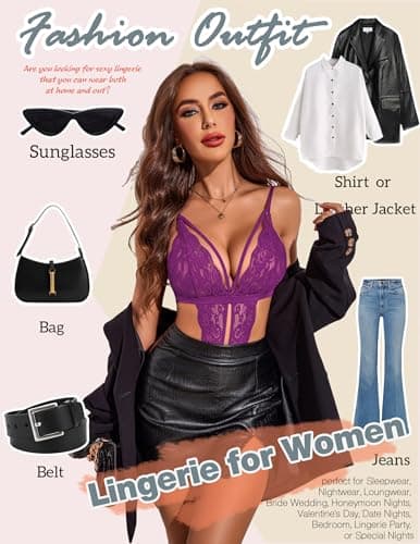 Avidlove Teddy Lingerie for Women Lace Body suit Teddy Bodydoll Lingerie (Light Purple, X-Small) - Thumbnail 4