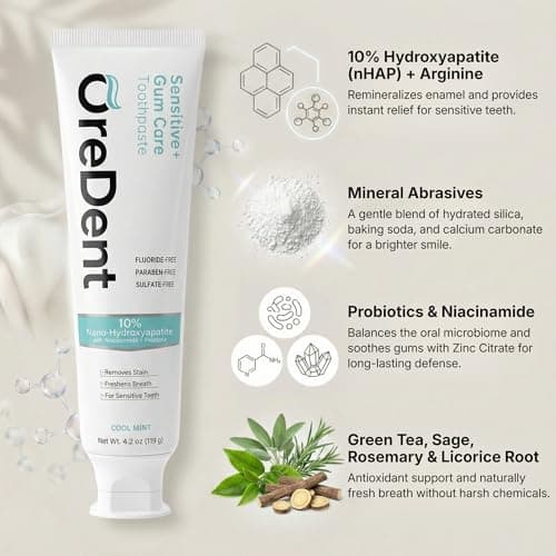 OreDent Fluoride Free 10% Nano Hydroxyapatite Sensitivity + Gum Care Toothpaste, Probiotic, Niacinamide, Sensitivity Relief, Xylitol, SLS Free, Cool Mint Flavor for Adults & Kids, 4.2 oz - Thumbnail 3