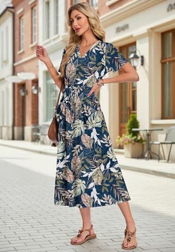 MOLERANI Women Summer Maxi Dress Casual Drawstring Long Dresses V Neck Dresses for Women 2026 Elegant Classy with Pockets, Tropical Leaf, S - Thumbnail 2