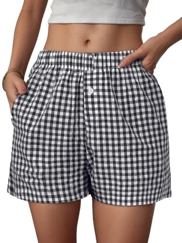 EXLURA Cotton Shorts for Women Summer Casual Lounge Beach Bottoms Pajama Plaid Boxer Shorts - Image 1
