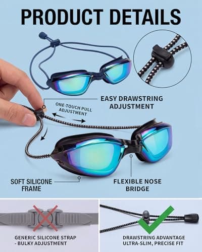 Aegend 2 Pack Professional Swimming Goggles for Adults, No Leak Mirrored Swim Goggles with Bungee Strap, Anti-Fog UV Protection Triathlon Goggles for Men Women Open Water & Pool - Thumbnail 2