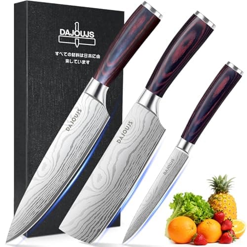 3-Piece Kitchen Chef Knife Set - 8" Chef Knife & 7" Nakiri Knife & 5" Utility Knife, Professional High-Carbon Stainless Steel Ultra Sharp Knives with Ergonomic Wood Handle & Gift Box for Cooking - Image 1