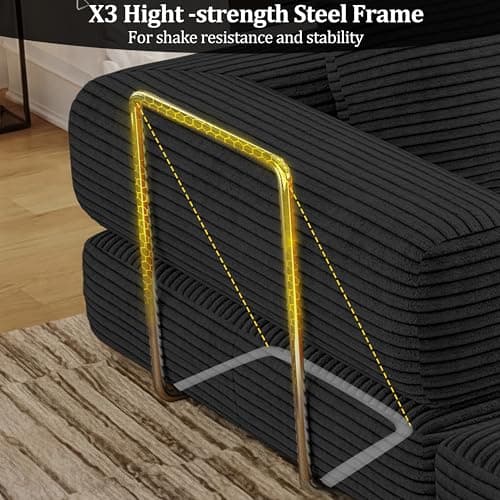 59 Inch Convertible Sofa Bed, 4-in-1 Futon Sofa Bed Pull Out Sleeper Couch, Boneless Couches Bed for Living Room, Corduroy Boneless Couches for Bedroom, Apartment, No Assembly(Black, 59” 2 Seat) - Thumbnail 3