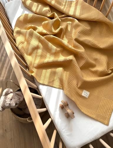 Milna Baby 100% Cotton Waffle Blanket for Boys & Girls, 100x120 cm Breathable Muslin Baby Blanket for Crib, Stroller & Swaddle, Soft Lightweight Toddler Receiving Blanket, (Yellow) - Thumbnail 6