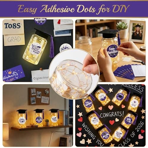 9 Pcs Graduation Centerpieces for Tables with LED Lights, Class of 2026 Graduation Tables Decorations, Mason Jar Style Table Decor with String Lights, Caps, Notes Cards, Stickers & Adhesive Spots - Thumbnail 3