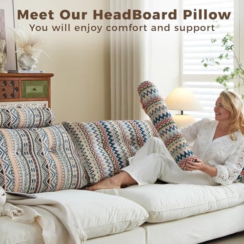 ZERALIVEN Boho Headboard Pillow for Full, Large Triangular Wedge Pillow for Headboard Gap, Daybed for Sitting Up in Bed, Couch or Sofa with Removable Washable Cover and Side Pockets, Amber Elegance - Thumbnail 4