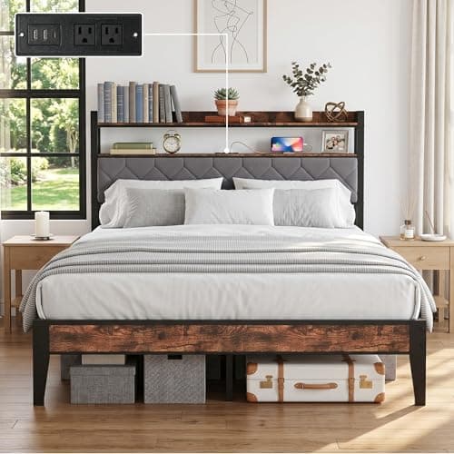 BOVONO Queen Bed Frame with Charging Station, Upholstered Headboard, Metal Platform Bed Frames with 2-Tier Open Shelves, No Box Spring Needed, No-Noise, Grey, Bedroom Furniture Gift - Image 1