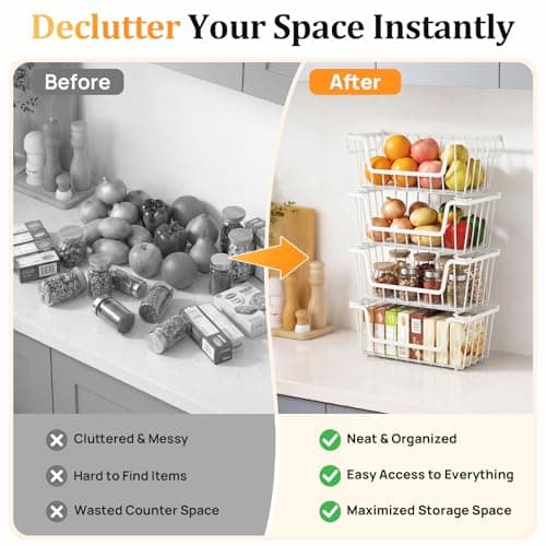 SUNALLY Stackable Storage Bins 4 Pcs Wire Baskets for Pantry Organizers and Storage, Vegetable Fruit Storage Basket for Countertop Organizer,Kitchen Baskets for Onion Potato Snack Cans Storage,White - Thumbnail 6